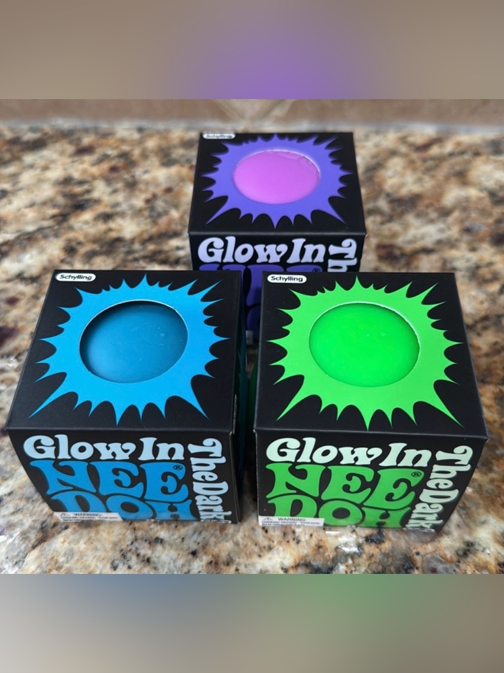 3 Glow In The Dark Needoh Stress Ball Trio - Blue, Green, Purple